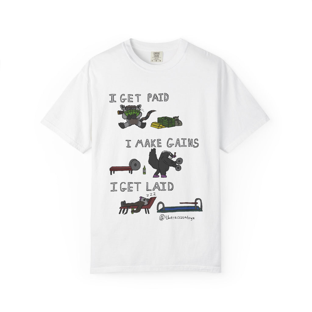 White t-shirt with graphic design and text on a white background