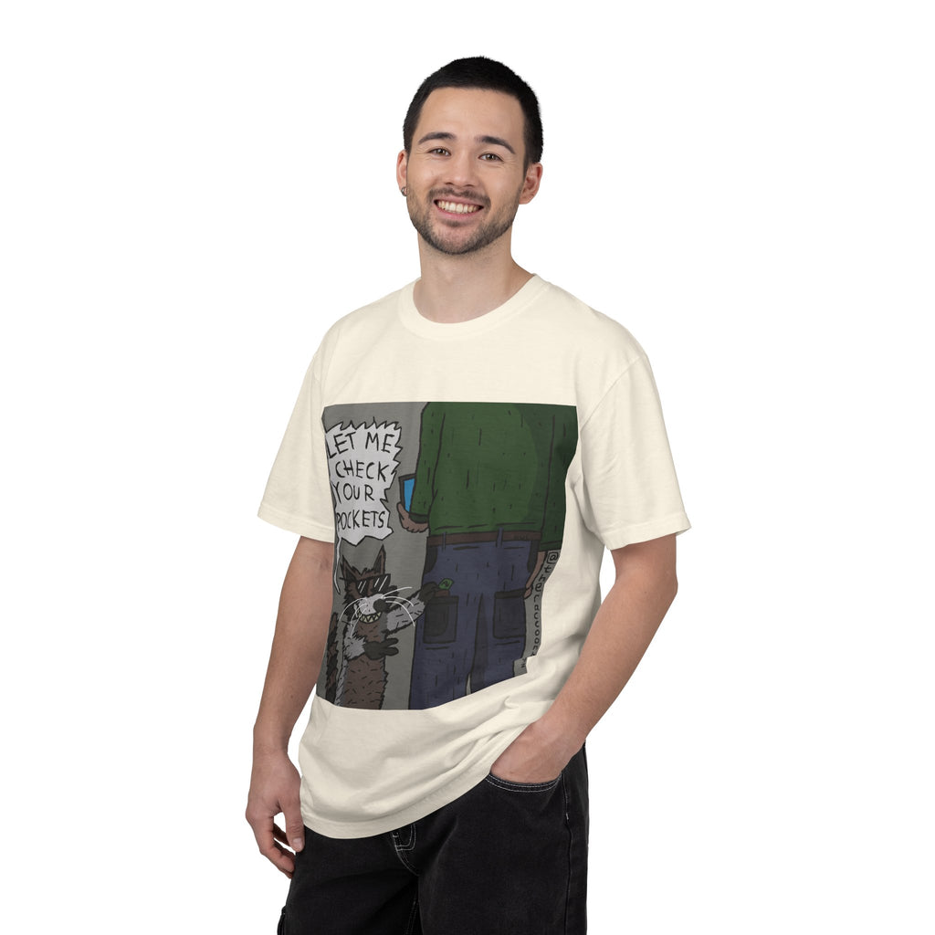 T-Shirt — Funny Racoon Cartoon Saying “Let Me Check Your Pockets” — Humorous Animal Graphic Tee