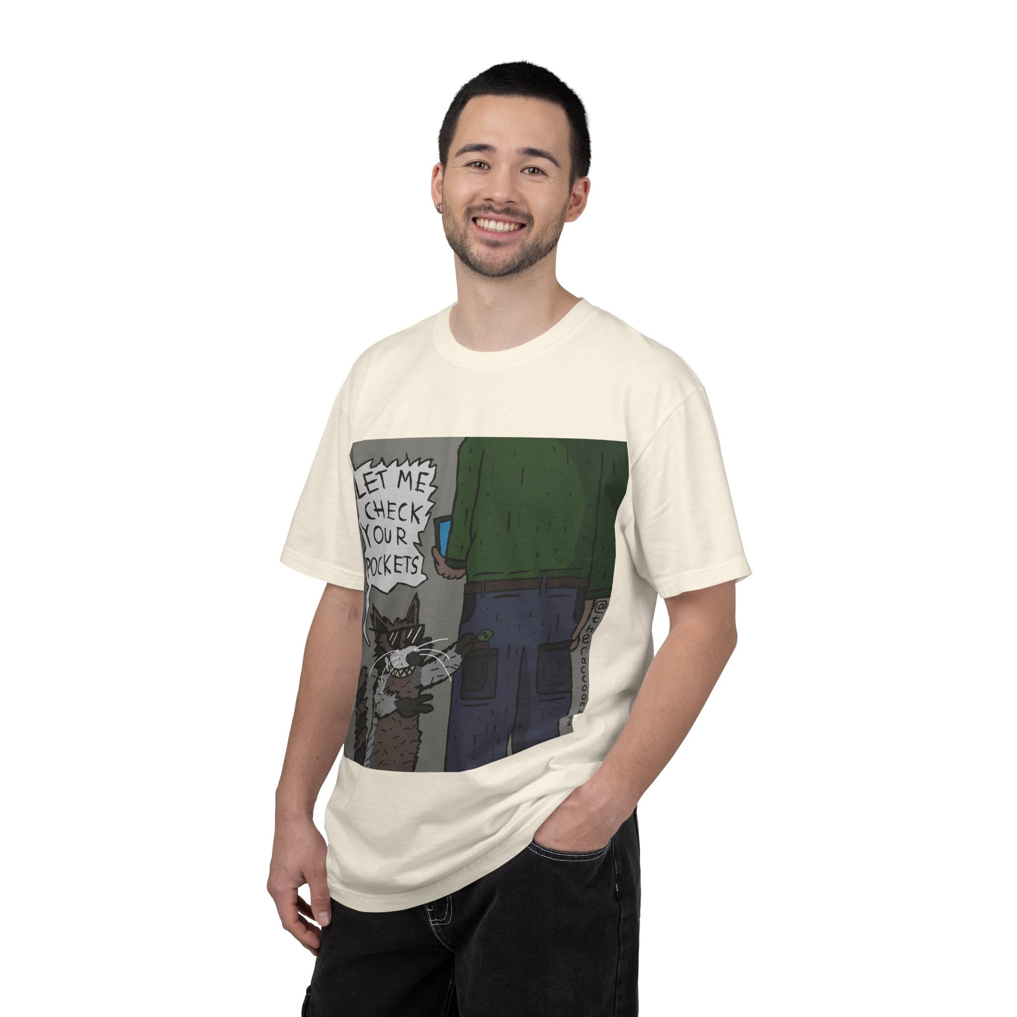 T-Shirt — Funny Racoon Cartoon Saying “Let Me Check Your Pockets” — Humorous Animal Graphic Tee