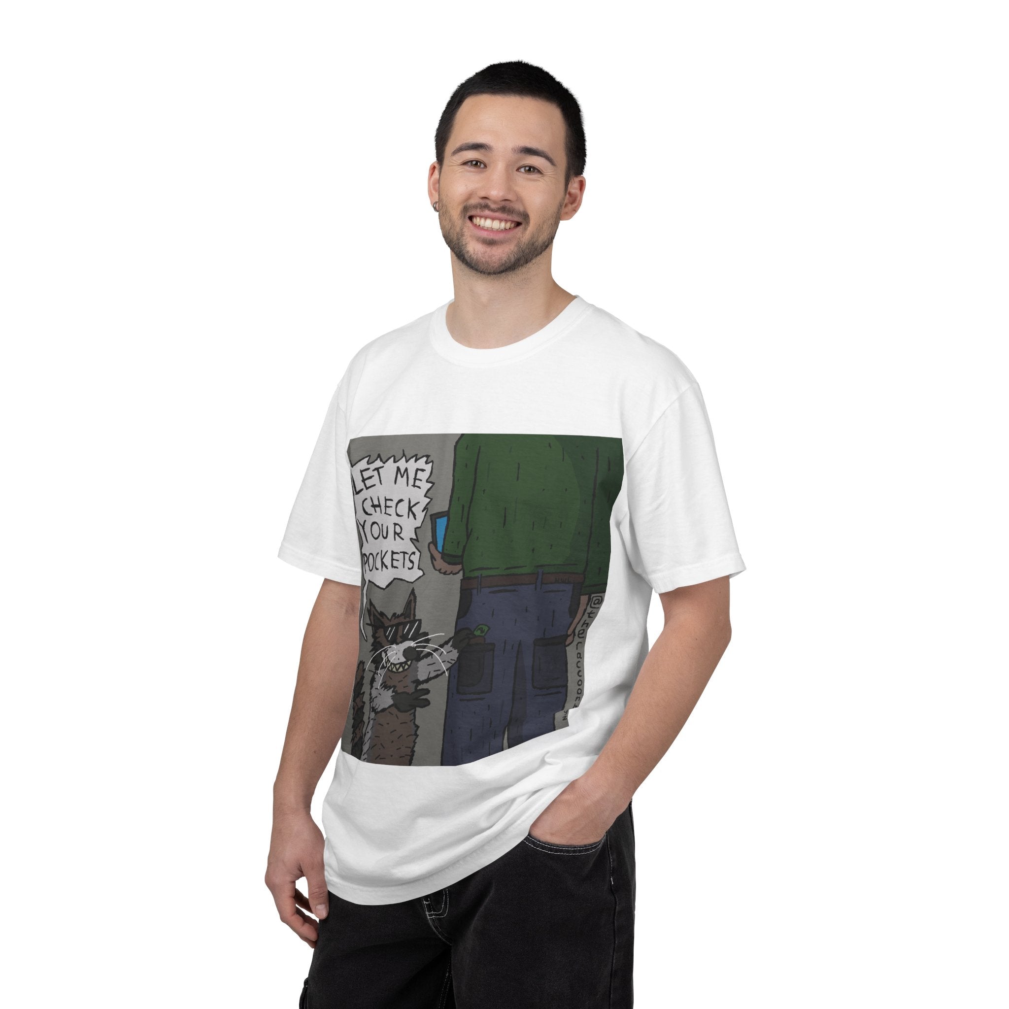 T-Shirt — Funny Racoon Cartoon Saying “Let Me Check Your Pockets” — Humorous Animal Graphic Tee