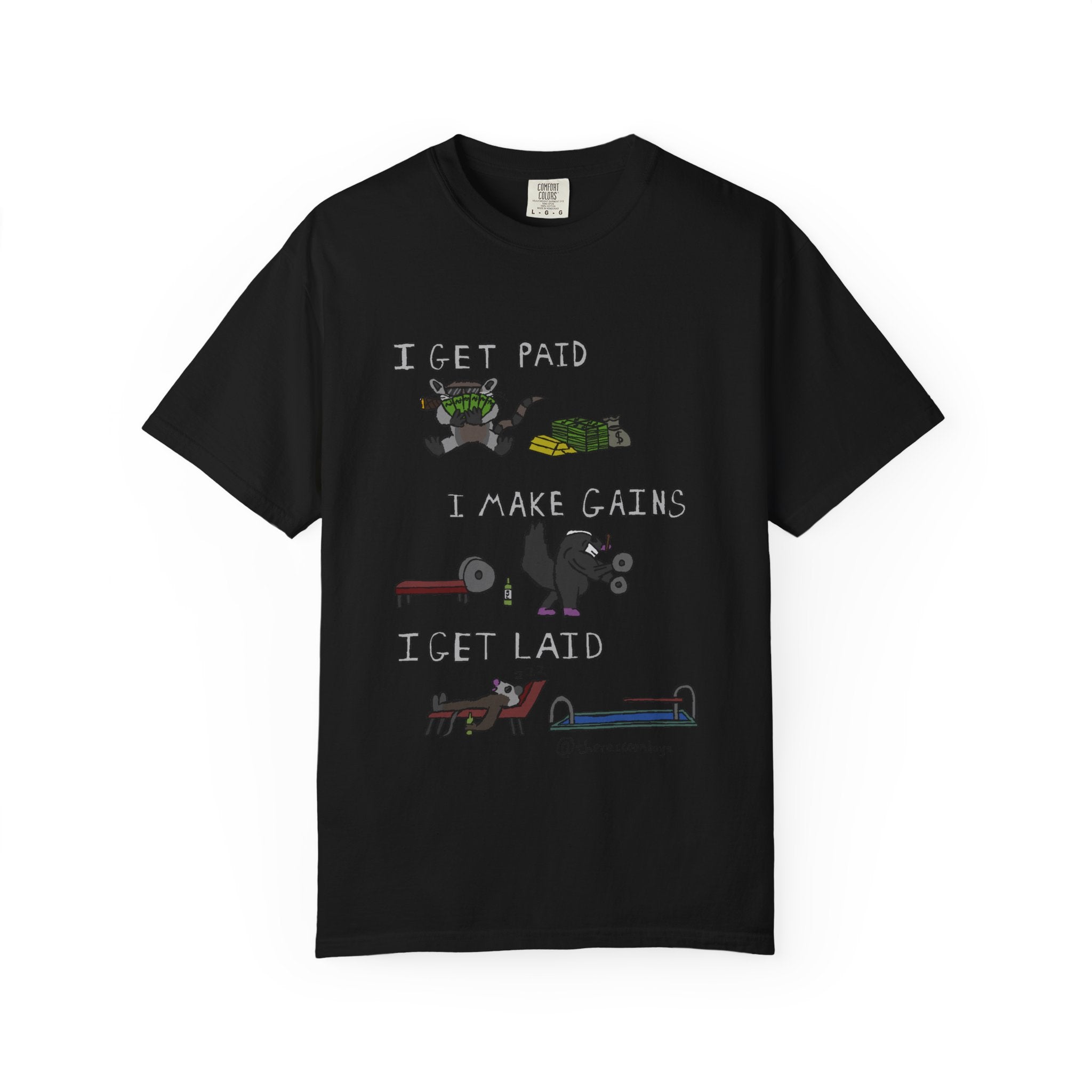 Black t-shirt with humorous graphic design and text on a white background