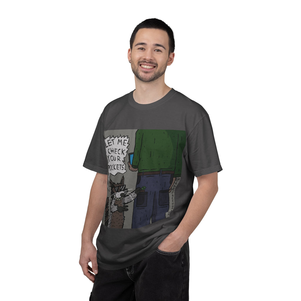 T-Shirt — Funny Racoon Cartoon Saying “Let Me Check Your Pockets” — Humorous Animal Graphic Tee
